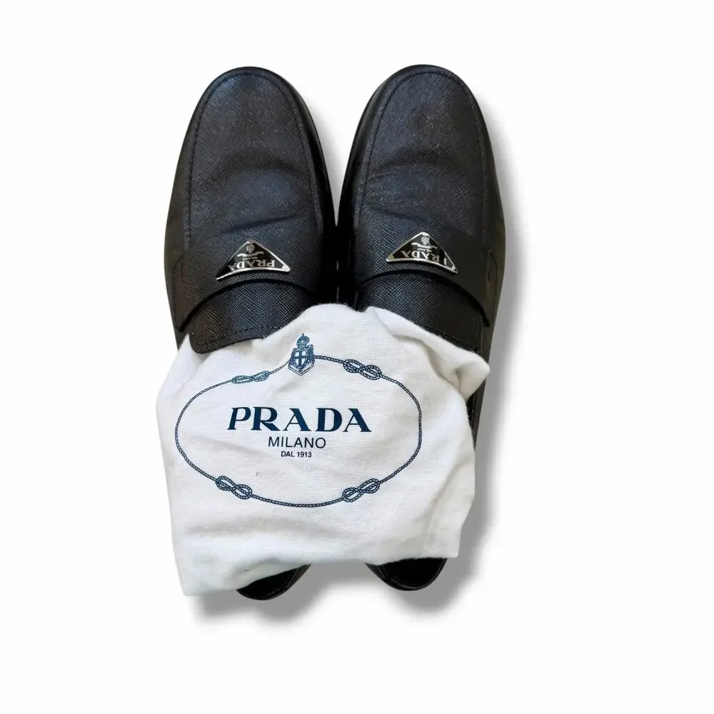 Prada Black Saffiano Leather Loafers Logo Unisex Men Size 6 - Women Size 9.5